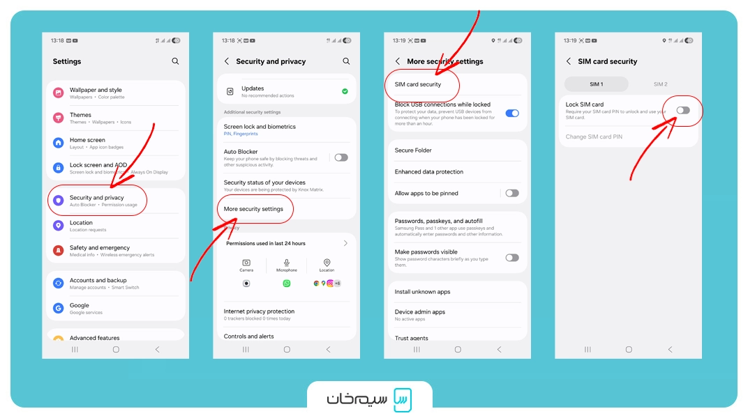 تنظیمات پین کد در گوشی اندروید نسخه زبان انگلیسی