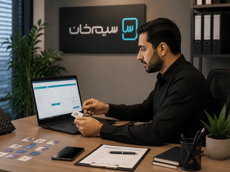 کارشناس در حال بررسی و قیمت گذاری سیم کارت قبل از خرید